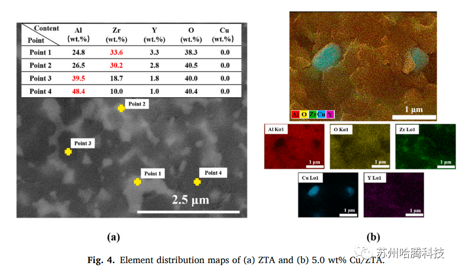 Element distribution maps of ZTA and 5.0 wt% CuZTA after sintered in field assisted sintering technology furnace CNE-FHP-828