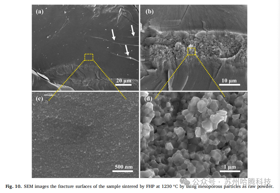 SEM images the fracture surfaces of the sample sintered by SPS Spark Plasma Sintering Furnace at 1230℃ by using mesoporous particles as raw powder.